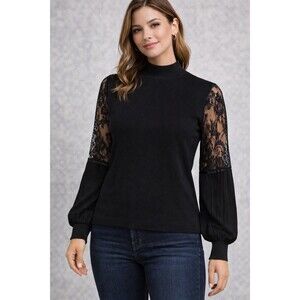 Belldini Lace Pleated Long blouson Sleeve Crewneck Mock Turtleneck Sweater